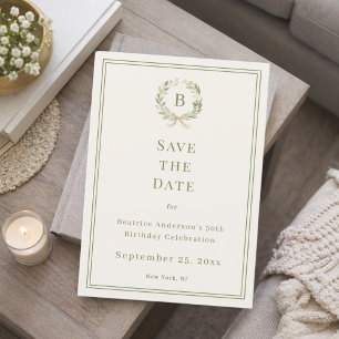 Grüner Kranz zum Geburtstag mit Monogramm Save The Date