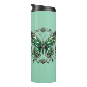 Grüner Kristallschmetterling Floraler Rahmen Thermosbecher