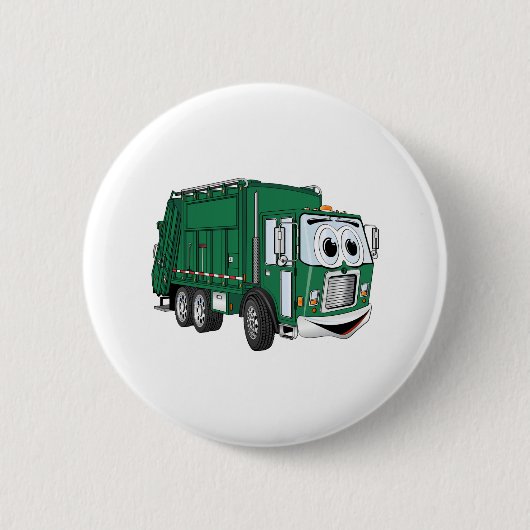 Grüner Lächelnder Garbage Truck Cartoon Button (Vorderseite)