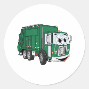 Grüner Lächelnder Garbage Truck Cartoon Runder Aufkleber