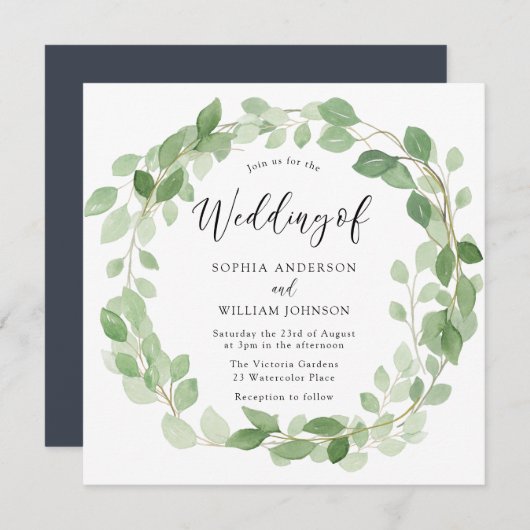 Grüner Leaf Wreath Elegante Hochzeit Einladung (Vorne/Hinten)