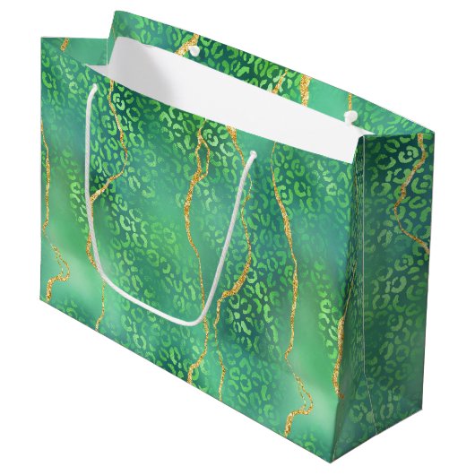 Grüner Leopard Agat | Glam Abstract Dschungel Große Geschenktüte (Vorderseite Schrägansicht)