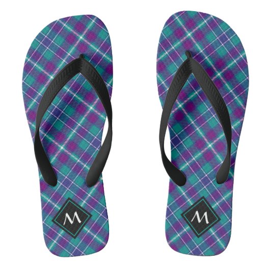 Grüner, Lila und blauer Tartan Badesandalen (Fußbett)