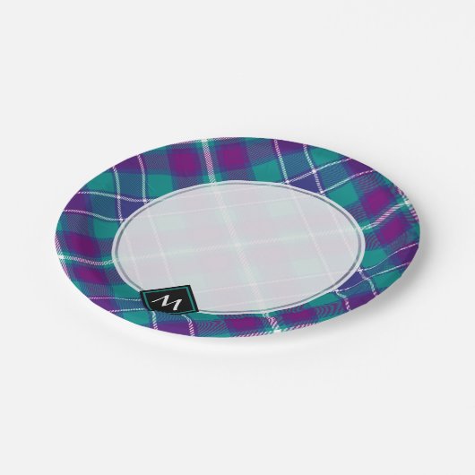 Grüner, Lila und blauer Tartan Pappteller (Schrägansicht)