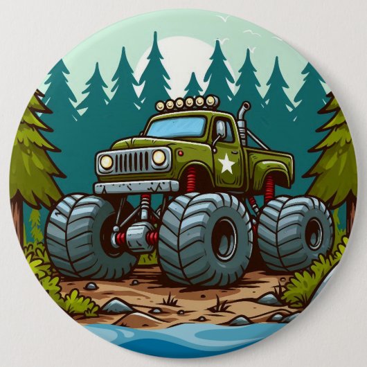 Grüner LKW im Wald Button (Vorderseite)
