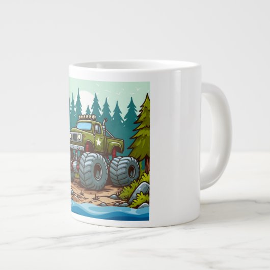 Grüner LKW im Wald Jumbo-Tasse (Vorderseite Rechts)