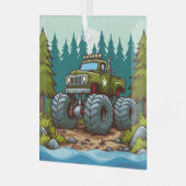 Grüner LKW im Wald Ornament Aus Glas (Vorderseite links)