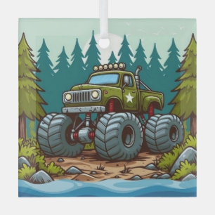 Grüner LKW im Wald Ornament Aus Glas