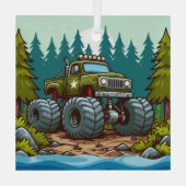 Grüner LKW im Wald Ornament Aus Glas (Rückseite)