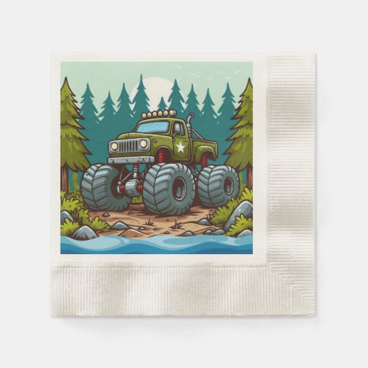 Grüner LKW im Wald Serviette (Vorderseite)