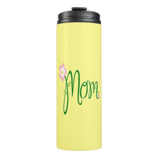 Grüner Mama-Text mit Blume auf gelb Thermosbecher (Vorderseite)