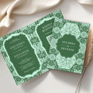 Grüner Mandala-QR-Code Indische Hochzeit Einladung
