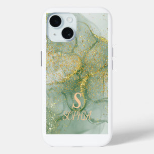 Grüner Marmor Chic Gold Glitter Monogramm Case-Mate iPhone Hülle