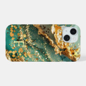 Grüner Marmor Chic Gold Glitter Monogramm iPhone 15 Hülle (Rückseite (Horizontal))