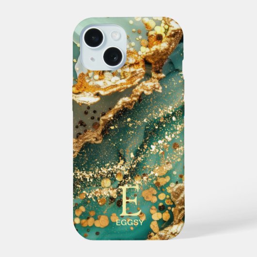 Grüner Marmor Chic Gold Glitter Monogramm iPhone 15 Hülle (Rückseite)
