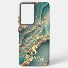 Grüner Marmor schickes goldenes Glitter Monogramm Samsung Galaxy Hülle