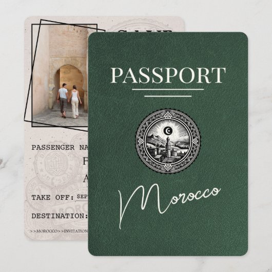Grüner Marokko Reisepass Save The Date (Vorne/Hinten)
