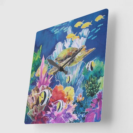 Grüner Meeresschildkröten-Mauer-Tropenfisch Quadratische Wanduhr (Winkel)