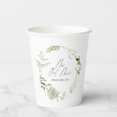 Grüner, moderner botanischer Hochzeitspapp Pappbecher (Rückseite)