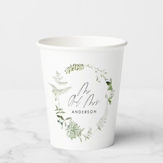 Grüner, moderner botanischer Hochzeitspapp Pappbecher (Rückseite)
