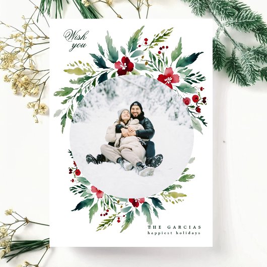 grüner, moderner Kranz ein Foto frohe Weihnachten