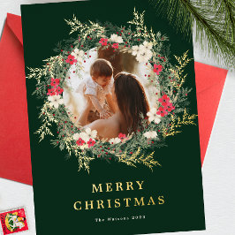 grüner moderner Kranz ein Foto frohe Weihnachtsgol Folien Feiertagskarte