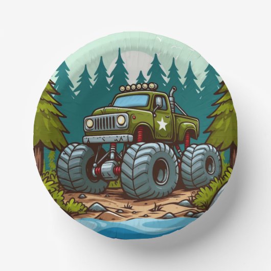 Grüner Monster-Truck im Wald Pappteller (Vorderseite)