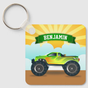 Grüner Monster Truck mit individuellem Namen Kinde Schlüsselanhänger
