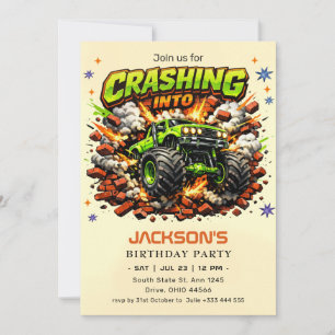 Grüner Monster-Truck "Rast in" Geburtstag Einladung