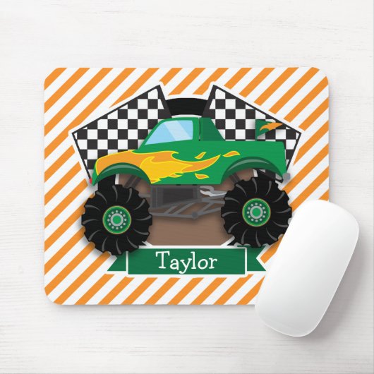 Grüner Monsterlruck, karierte Flagge; orangefarben Mousepad (Mit Mouse)