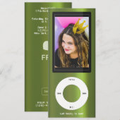 Grüner MP3-Musikplayer Geburtstag Einladung (Vorne/Hinten)