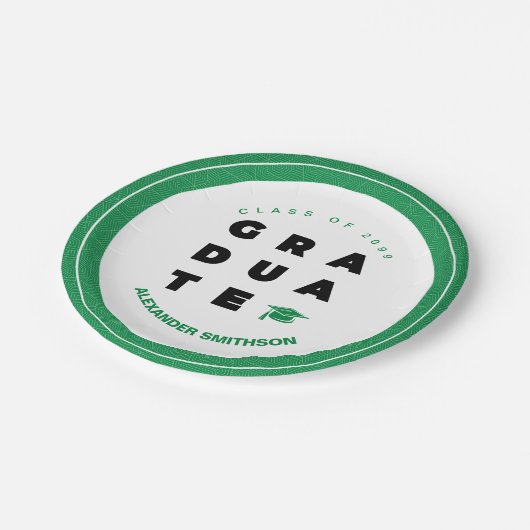 Grüner, muffiger GRADUATE-Abschluss und Cap Pappteller (Schrägansicht)