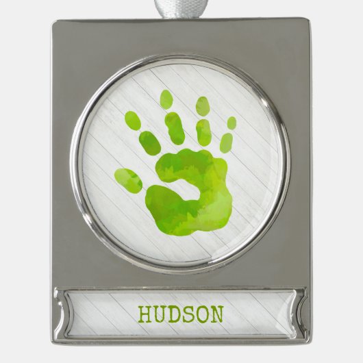 Grüner NAME Holz-Elegant des Handdrucks für Kinder Banner-Ornament Silber (Vorderseite)