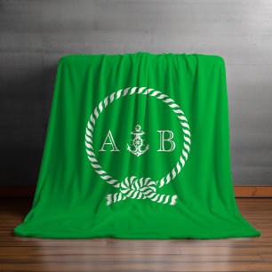 Grüner Nautikstock und Anker Mit Monogramm Fleecedecke