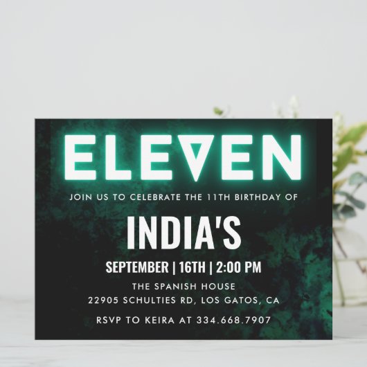 Grüner Neon 11. Geburtstag Einladung (Stehend Vorderseite)