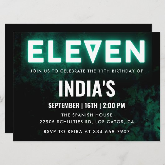 Grüner Neon 11. Geburtstag Einladung (Vorne/Hinten)
