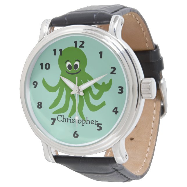 Grüner Oktopus-Design Armbanduhr (Schrägansicht)
