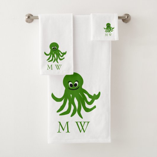 Grüner Oktopus-Design mit Monogramm Badhandtuch Set (Insitu)