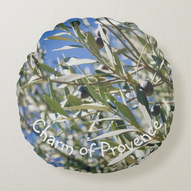 Grüner Olivenbaum mit schwarzen Früchten Rundes Kissen (Vorderseite)