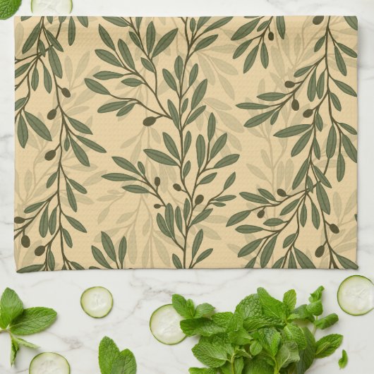 Grüner Olivenbaum Zweig Mittelmeer Muster Geschirrtuch (Gefaltet)