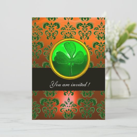 GRÜNER ORANGE DAMASK MIT KLEEBLATT, schwarz Einladung (Stehend Vorderseite)