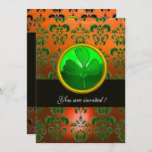 GRÜNER ORANGE DAMASK MIT KLEEBLATT, schwarz Einladung (Vorne/Hinten)