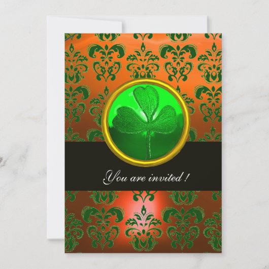 GRÜNER ORANGE DAMASK MIT KLEEBLATT, schwarz Einladung (Vorderseite)
