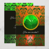 GRÜNER ORANGE DAMASK MIT KLEEBLATT, schwarz Einladung (Vorne/Hinten)