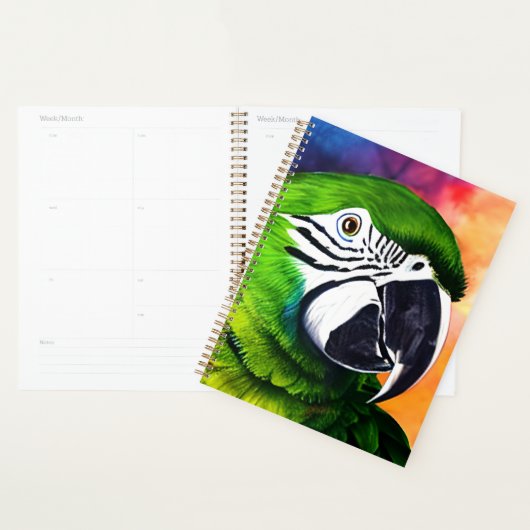 Grüner Papagei mit niedlicher KI Planer (Anzeige)