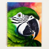 Grüner Papagei mit niedlicher KI Planer (Vorderseite)