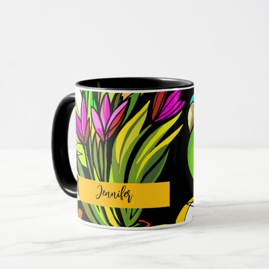 Grüner Papagei mit orangefarbenen und gelben Tasse (Vorderseite Links)