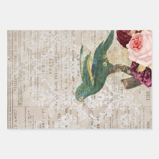 Grüner Papagei mit Rose in der Zeitung Geschenkpapier Set (Vorderseite)