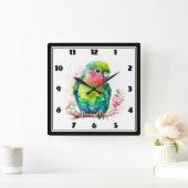 Grüner Papagei - Niedlicher Baby Bird Quadratische Wanduhr (Zuhause)