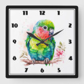 Grüner Papagei - Niedlicher Baby Bird Quadratische Wanduhr (Vorderseite)